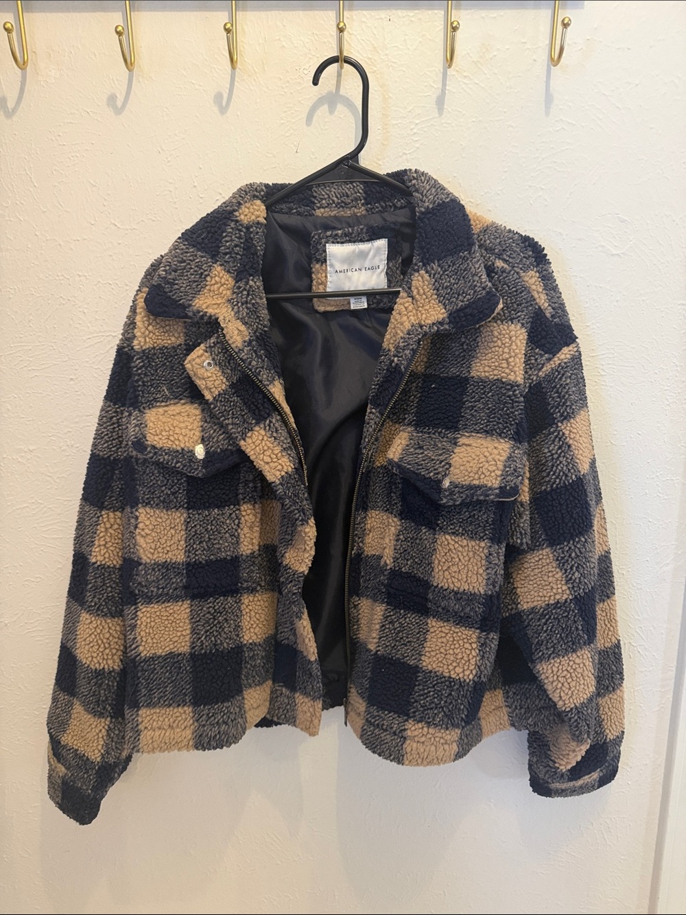American Eagle Outfitters Navy and Tan Plaid Sherpa Puffer Jacket